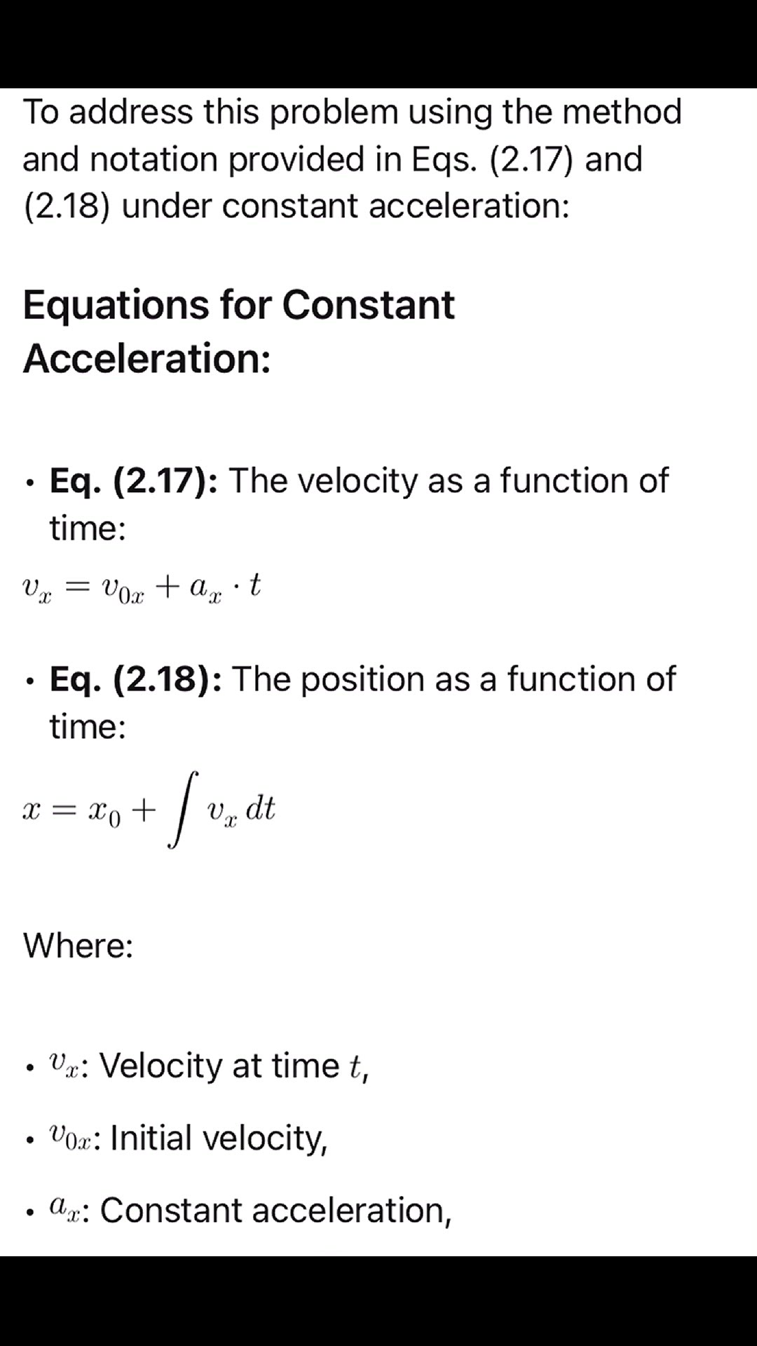 'Video thumbnail for Use Eqs. (2.17) and (2.18) to find v_x, and x as functions of time in the case in which the acceleration is constant.'