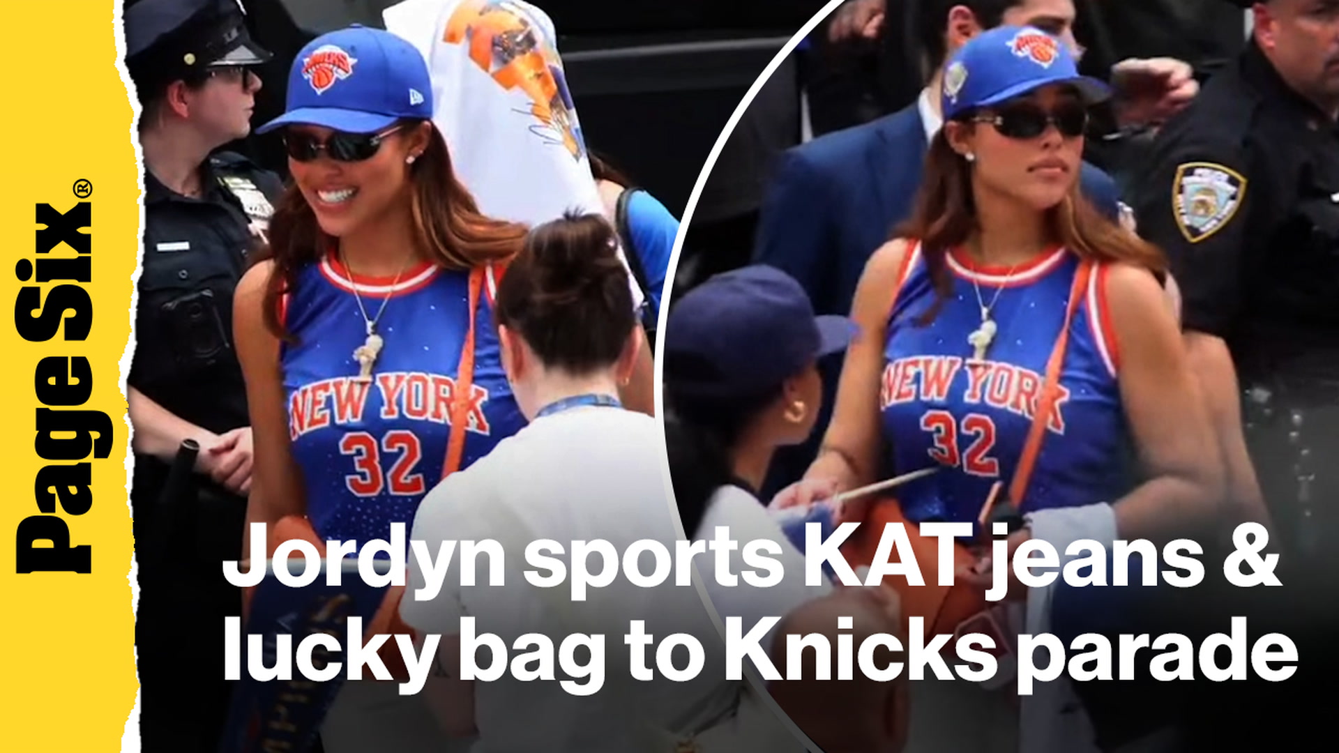 Video thumbnail for Jordyn Woods sports custom Karl-Anthony Towns jeans — and her lucky bag — to the Knicks NYC parade