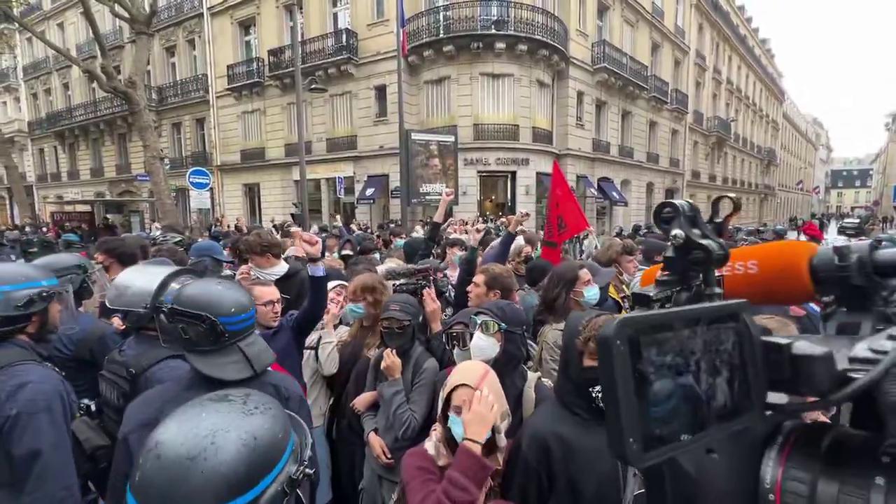 Video thumbnail for France: Students Face Riot Police on Paris Boulevard as Protests Continue.
