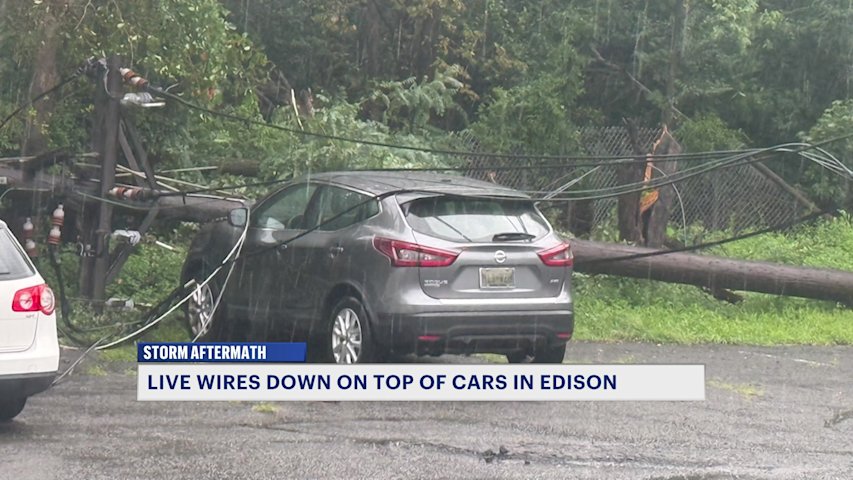 Video thumbnail for Live wires down on top of cars in Edison amid storm aftermath