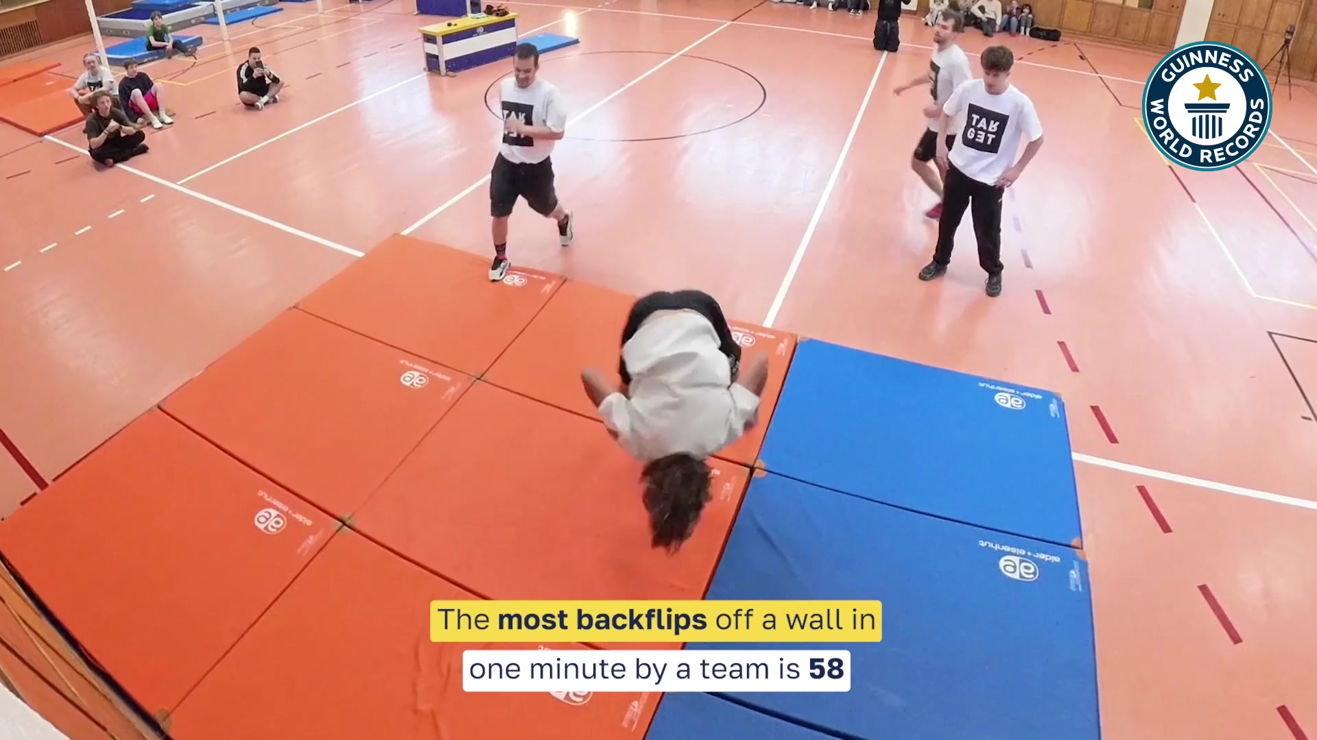Video thumbnail for Most backflips off a wall in one minute by a team (parkour) - 58 by Nils Bertschi, Oskar Dietschi, Linus Egli, Nicolas Fischer, and Luc Weidmann