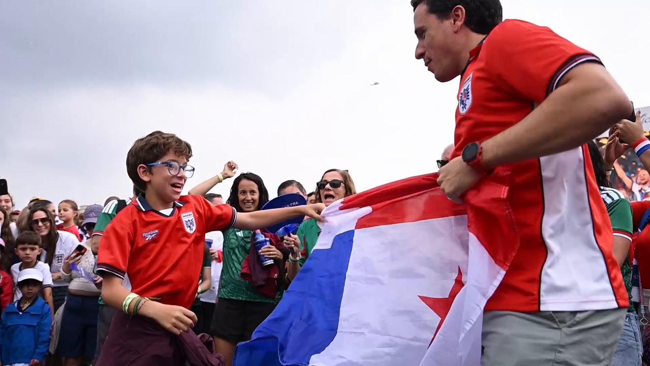 Video thumbnail for US: Fans gather ahead of England-Panama World Cup match in New Jersey.