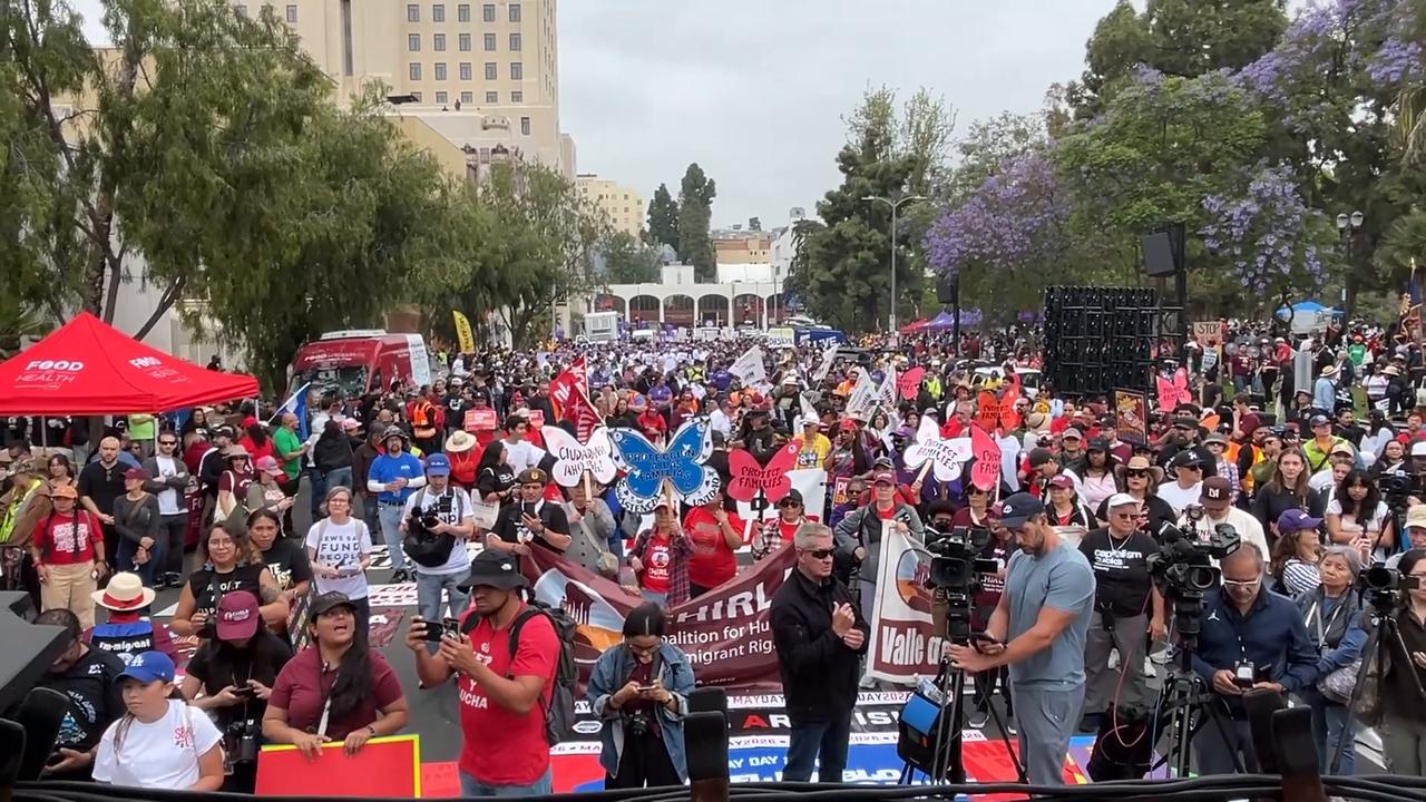 Video thumbnail for US: Protesters rally in Los Angeles on International Workers’ Day.