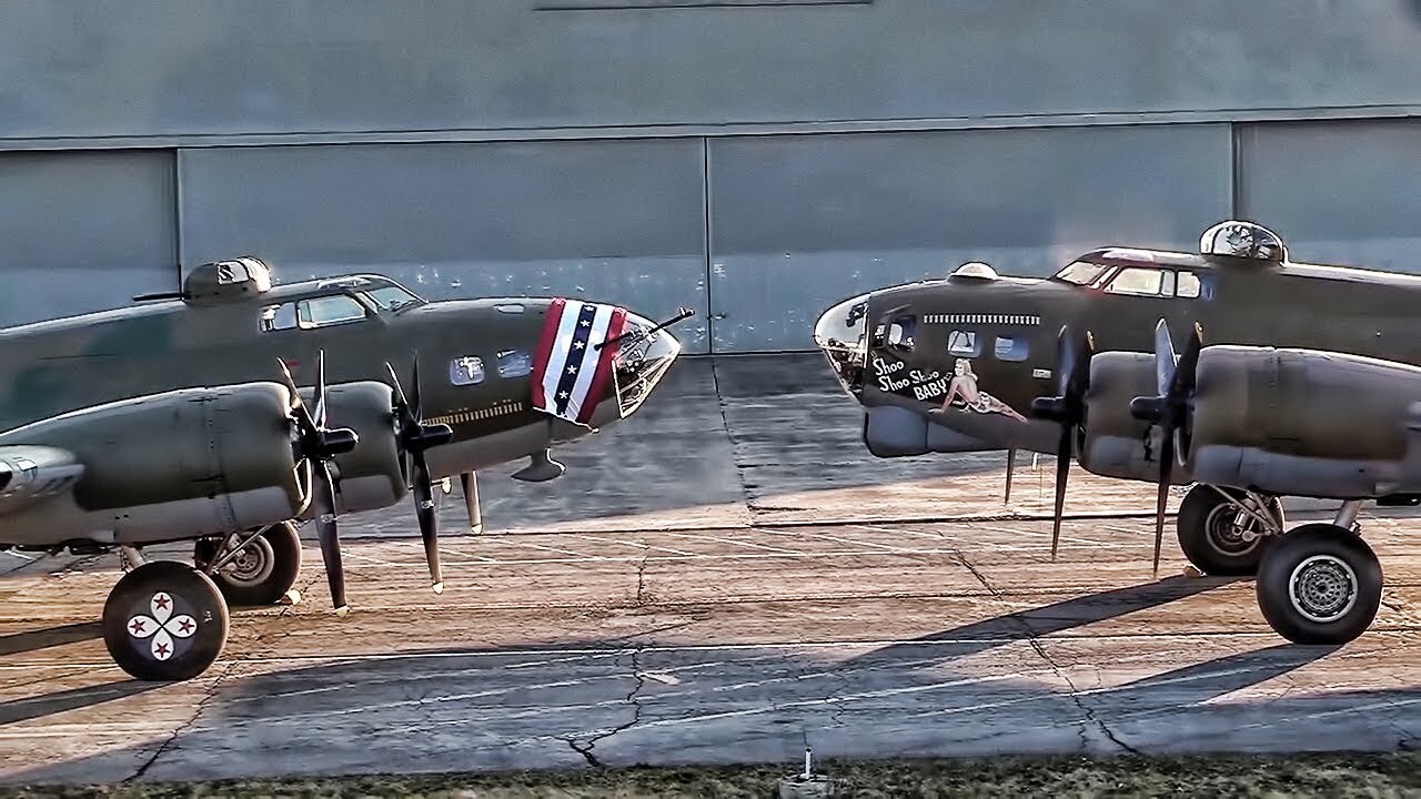Video thumbnail for Restored WWII B-17s • Memphis Belle & Shoo Shoo Shoo Baby