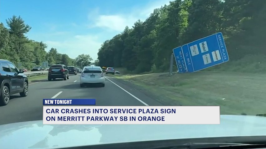 Video thumbnail for Police: Car crashes into service plaza sign on the Merritt Parkway in Orange