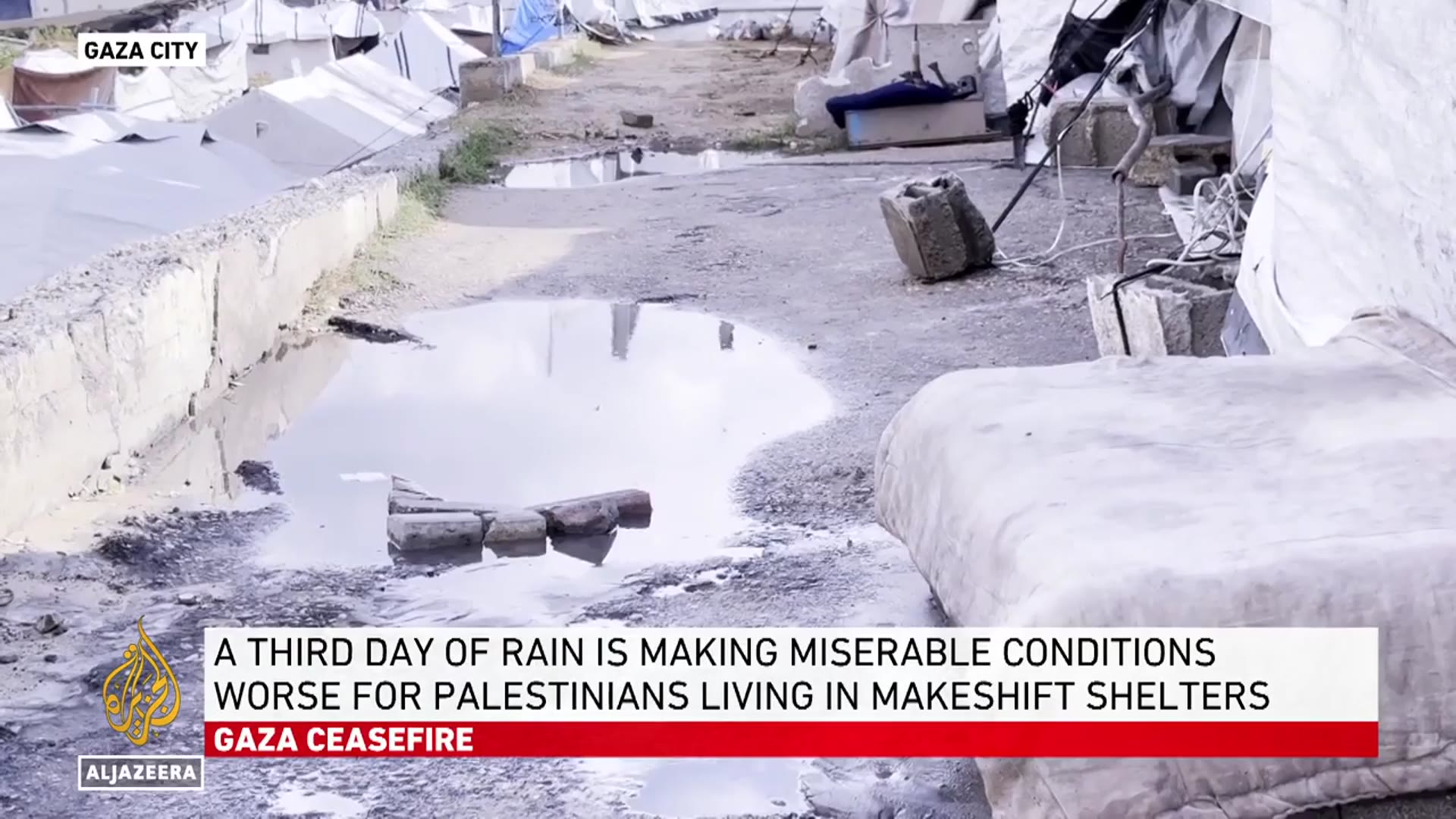 'Video thumbnail for Displaced Palestinian families suffer as heavy rains flood Gaza tent camps'