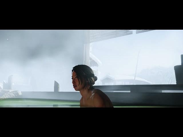 Video thumbnail for Ghost of Yotei - The Kitsune: Red Crane Inn Hotspring | A White Bird Lands On Atsu's Hand Cutscene