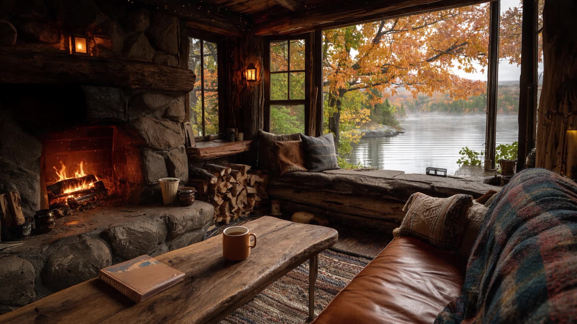 Video thumbnail for Autumn Lake Cabin Ambience | Crackling Fireplace with Soft Jazz & Piano Music