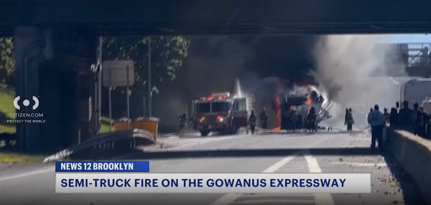 Video thumbnail for Semi-truck catches on fire on Gowanus Expressway