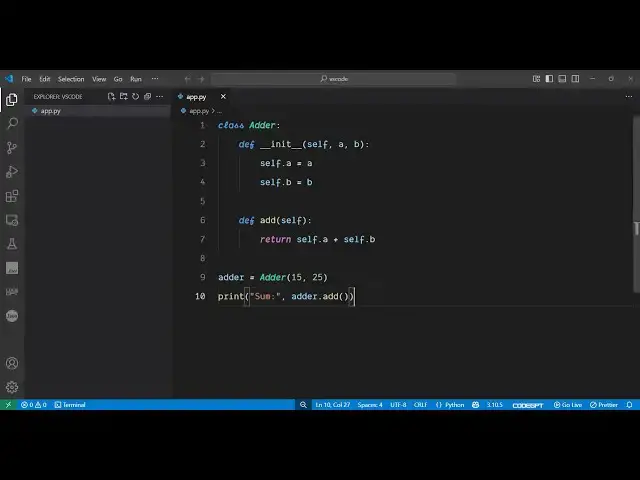 Video thumbnail for Python 3 OOP Program to Add Two Numbers Using Classes & Objects in Terminal Tutorial For Beginners