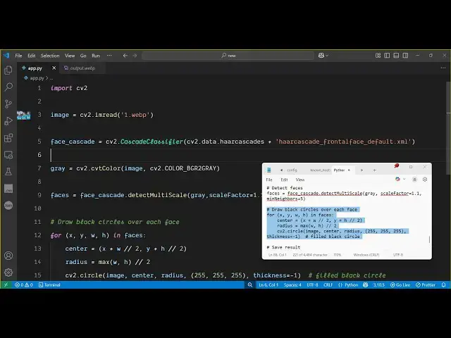 Video thumbnail for Python 3 OpenCV Script to Detect Faces in Images and Hide them by Drawing Black Circles Over Them
