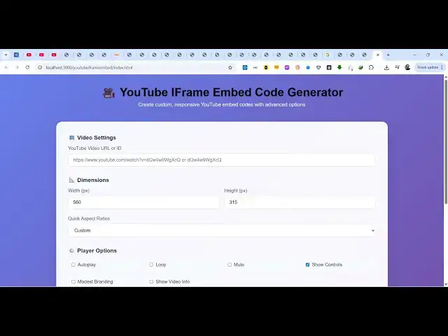 Video thumbnail for Build a Youtube IFrame Embed Code Generator Tool in Browser to Embed Videos on Website in JavaScript