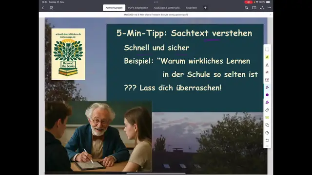 Video thumbnail for Sachtext Inhalt u. Aussage verstehen - Beispiel: Thema: wirkliches Lernen in der Schule selten?