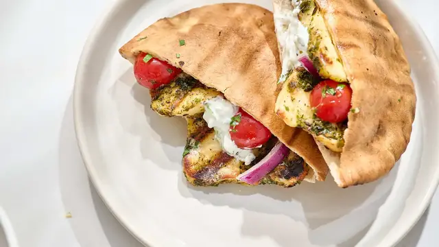 Video thumbnail for Grilled Zhug-Marinated Halloumi Pitas Recipe