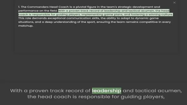 'Video thumbnail for 1. The Commanders Head Coach is a pivotal figure in the team's strategic development and performance on the field. With a proven track record of leadership and tactical acumen, the head coach is responsible for guiding players, implementi'