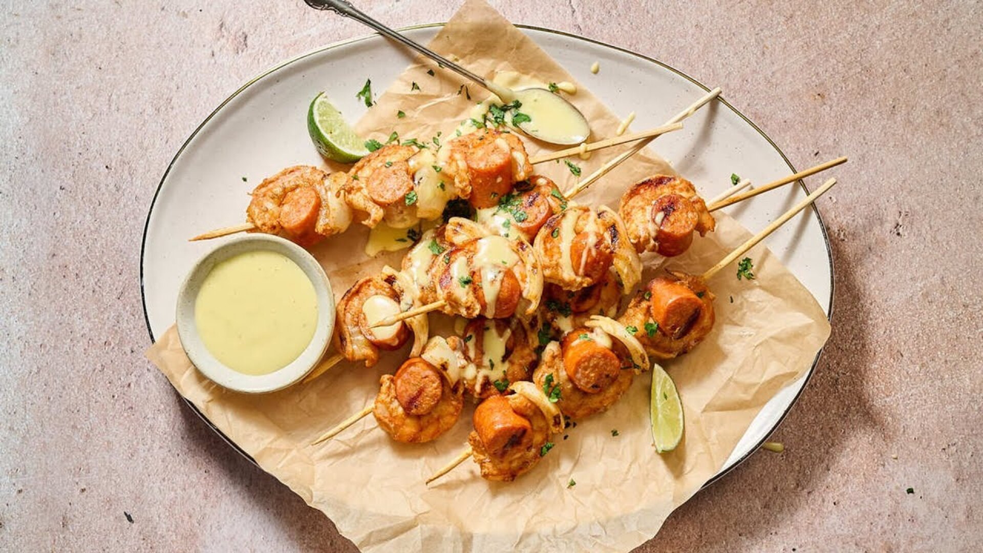 Video thumbnail for Shrimp And Chorizo Skewers With Lime Aioli Recipe