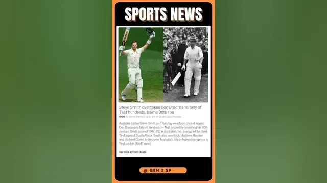 Video thumbnail for Steve Smith Hits Record-Breaking 30th Test Hundred: Overtakes Don Bradman's Iconic Tally | #sports