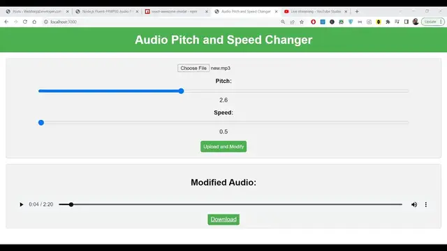 Video thumbnail for Node.js Fluent-FFMPEG Audio Pitch & Speed Changer With Live Preview in Browser Using Express