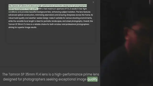 'Video thumbnail for The Tamron SP 35mm F1.4 lens is a high-performance prime lens designed for photographers seeking exceptional image quality. With a fast maximum aperture of F1.4, it excels in low-light conditions and provides beautiful background blur, en'