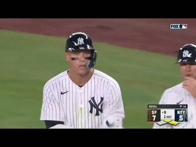 'Video thumbnail for Aaron Judge SMACKS a RBI Single, Scoring Anthony Volpe! | New York Yankees | 4/1/2023'