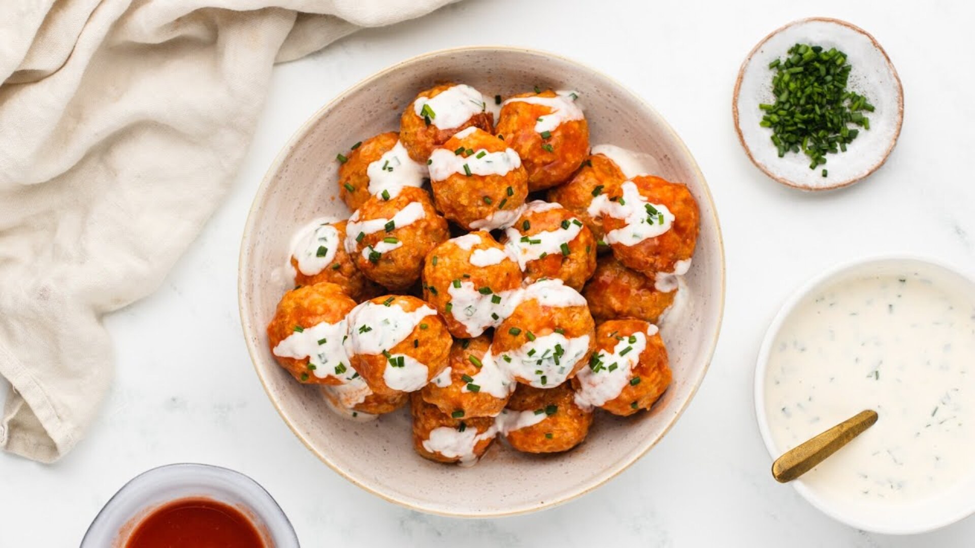 Video thumbnail for Buffalo Chicken Meatballs With Homemade Ranch Recipe