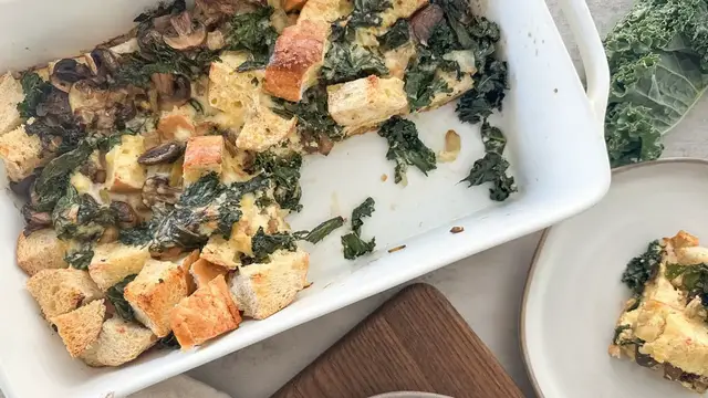 'Video thumbnail for Brunch-Friendly Kale And Mushroom Strata Recipe'