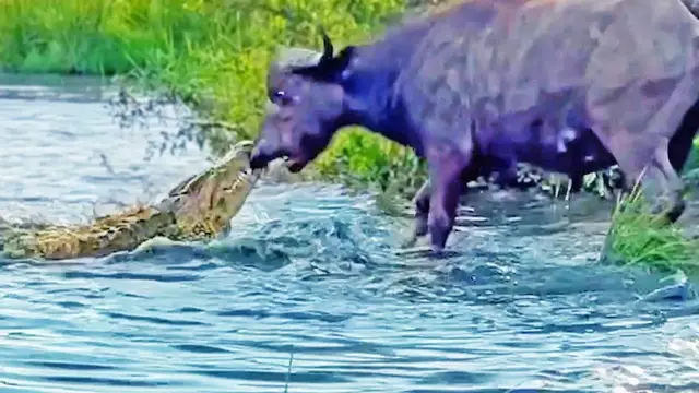 Video thumbnail for Buffalo Drags Huge Croc Out of the Water by Its Nose