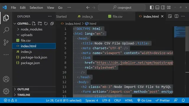 Video thumbnail for Node.js Express Project to Upload CSV File Data in MySQL Table Using fast-csv Library in Javascript