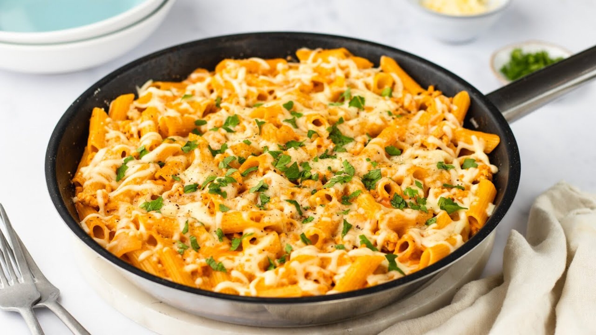 Video thumbnail for One-Skillet Cheesy Ground Chicken Pasta Recipe