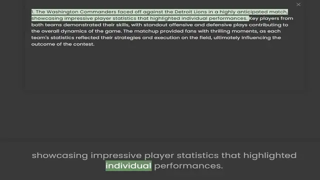 'Video thumbnail for 1. The Washington Commanders faced off against the Detroit Lions in a highly anticipated match, showcasing impressive player statistics that highlighted individual performances. Key players from both teams demonstrated their skills, with'