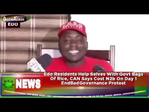 'Video thumbnail for Edo Residents Help Selves With Govt Bags Of Rice, CAN Says Cost ₦2b On Day1 EndBadGovernance Protest'