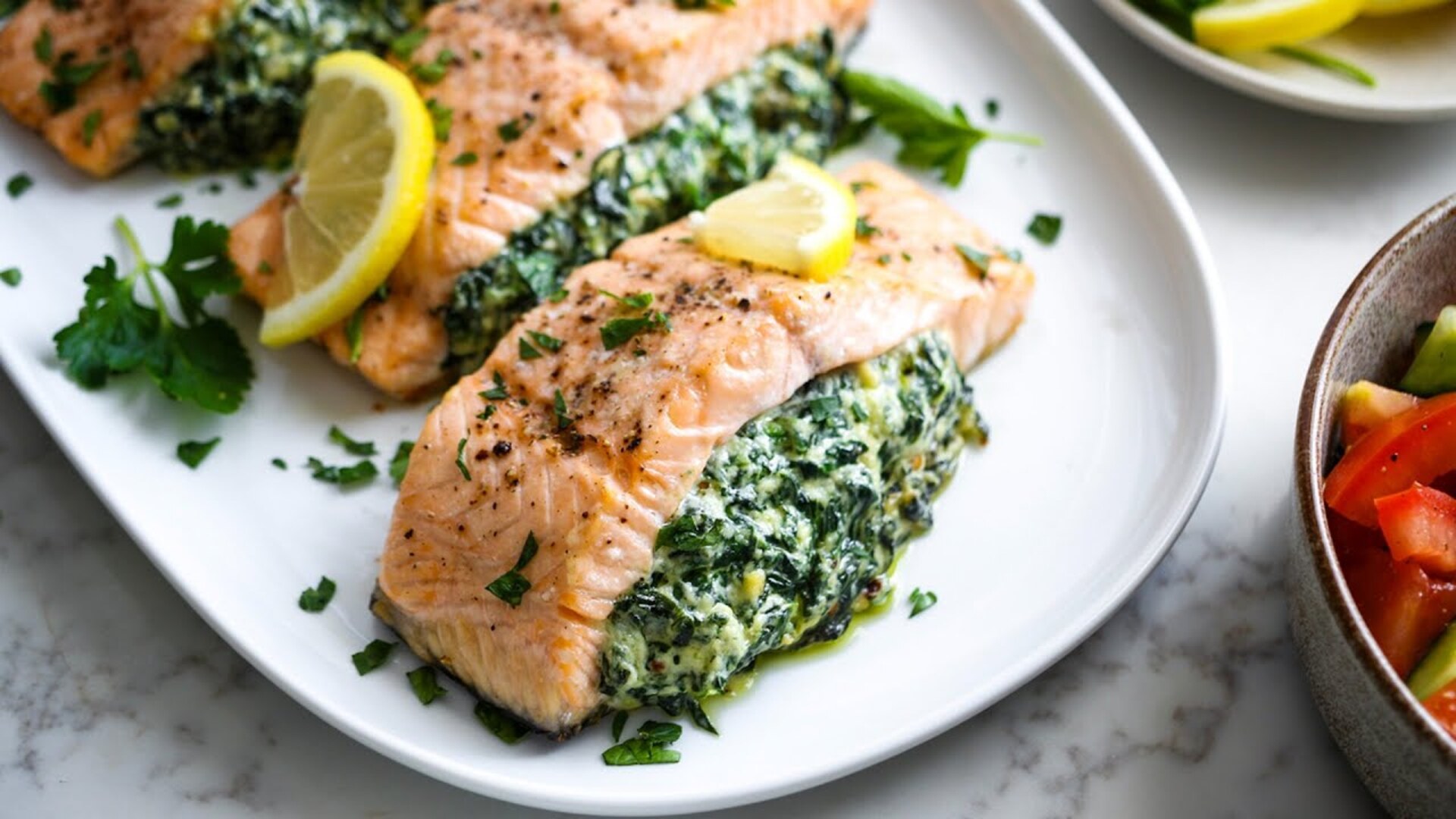 Video thumbnail for Cheesy Spinach-Stuffed Salmon Recipe