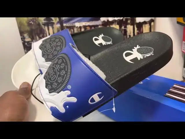 Video thumbnail for Quick Look At The Champion Oreo Black Blue & White Slides & Where To Buy It