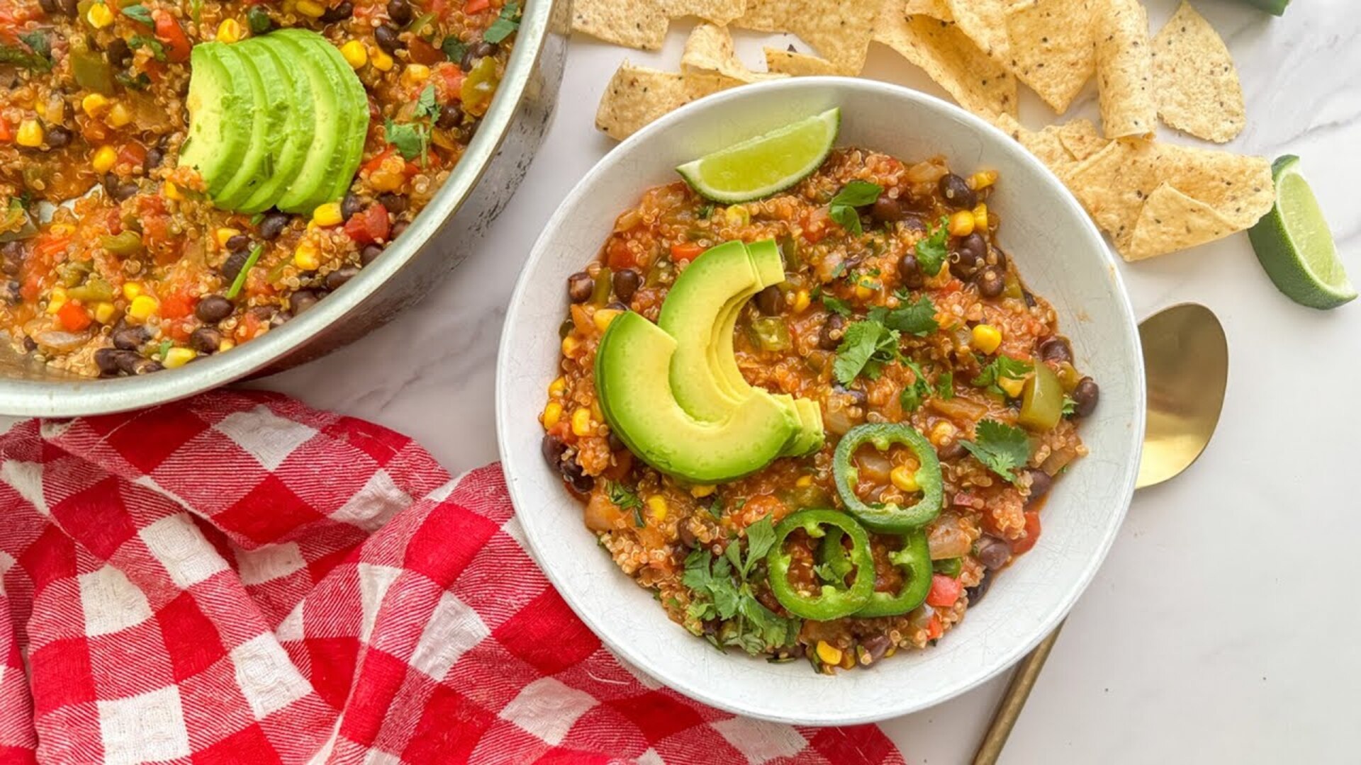 Video thumbnail for One-Pan Quinoa Enchilada Skillet Recipe