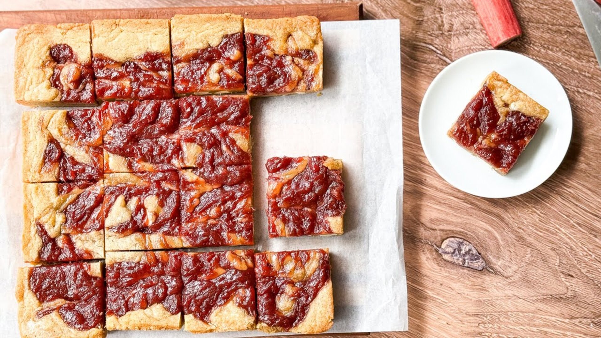 Video thumbnail for Rhubarb And White Chocolate Blondies Recipe