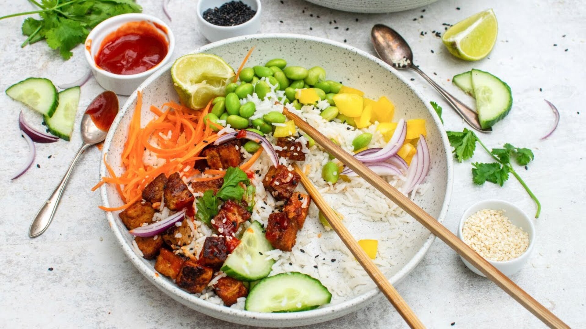 Video thumbnail for Sriracha Tofu Coconut Rice Bowl Recipe