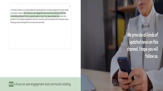 Video thumbnail for 1. The CEO of TikTok is a visionary leader driving the platform's innovative approach to social media and content creation. With a focus on user engagement and community building, the CEO has successfully positioned TikTok as a global lea