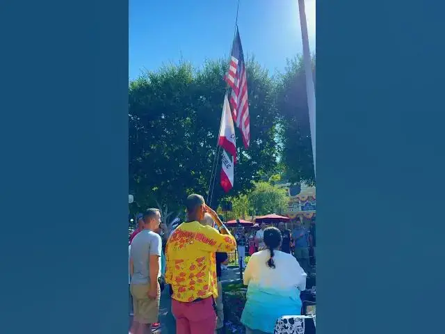 'Video thumbnail for The patriotic flag retreat at #Disneyland honored Purple Heart recipients today.'