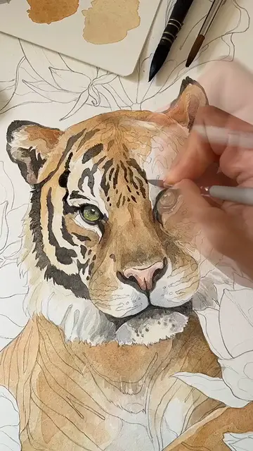 Video thumbnail for Watercolor painting on the tiger artwork