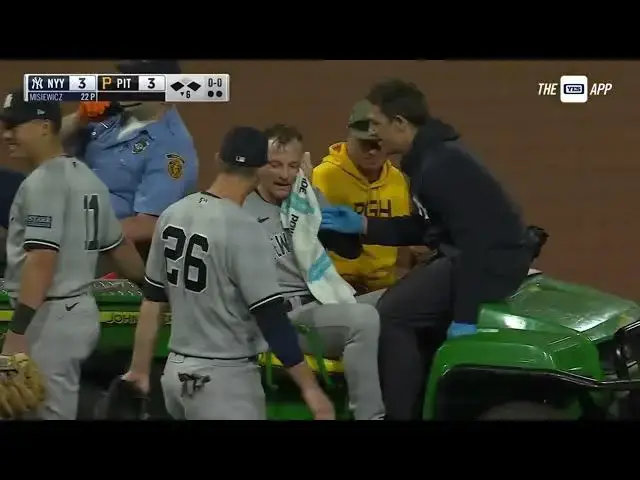 'Video thumbnail for Anthony Misiewicz CARTED Off Field, After Hit by a Comebacker! | New York Yankees | 9/15/2023'