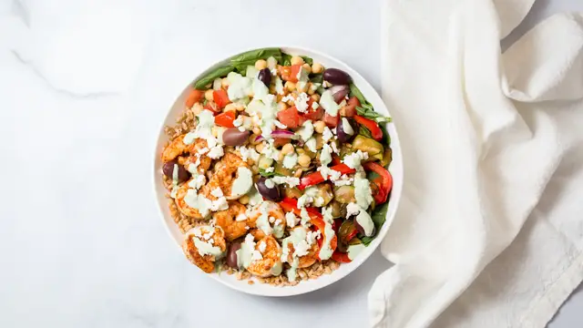 Video thumbnail for This Colorful Shrimp Bowl Is Loaded With Mediterranean Flavor