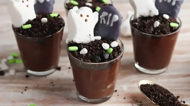 'Video thumbnail for Spooky Graveyard Chocolate Pudding Cups Recipe'