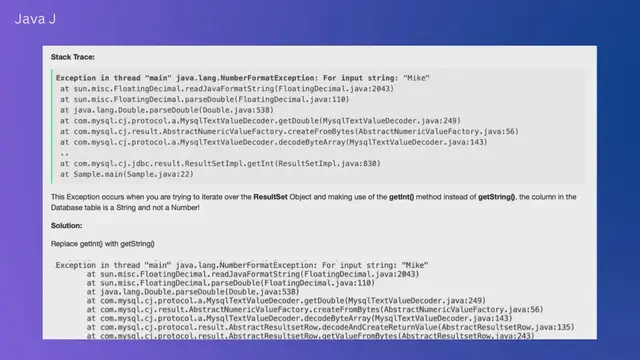 Video thumbnail for Java JDBC NumberFormatException For input string