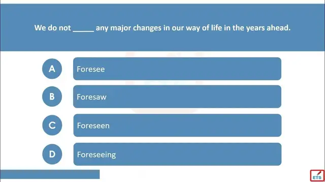 Video thumbnail for English Verb Tenses: Foresee, Foresaw, Foreseen, Foreseeing Quiz