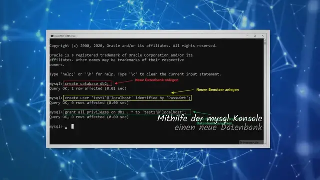 Video thumbnail for Über die Mysql Konsole eine neue Datenbank mit einem neuen Benutzer und entsprechenden Rechten anlegen