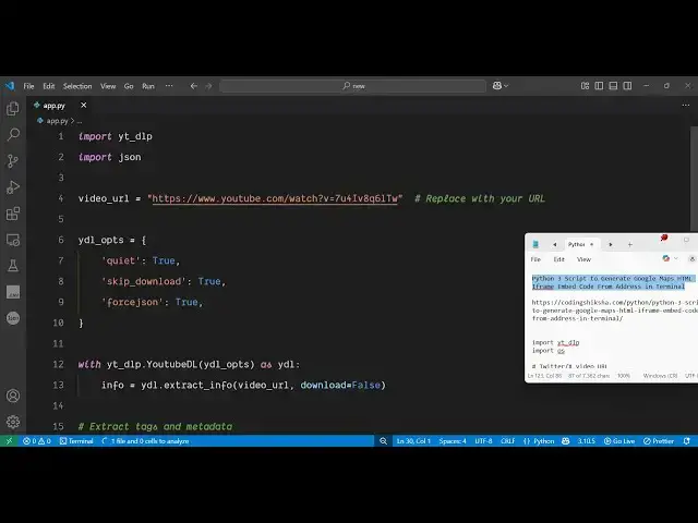 Video thumbnail for Python 3 Script to Extract YouTube Video Metadata and Tags Using yt-dlp Library in Terminal