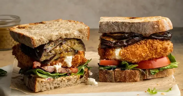 'Video thumbnail for Fried burrata and eggplant sandwich'