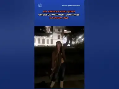 'Video thumbnail for Ara American Burns Quran Outside UK Parliament, Challenges Blasphemy Laws #islam #blasphemy'