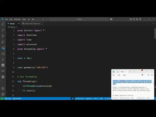 Video thumbnail for Python 3 Tkinter Project to Build Digital Alarm Clock With Custom Sound and Message GUI Desktop App