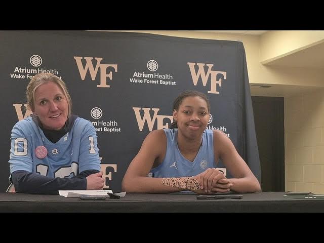Video thumbnail for #UNC coach Courtney Banghart and Nyla Brooks after the Tar Heels roll to a win at Wake Forest.